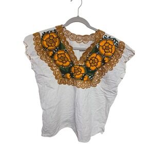 Embroidered Floral Blouse Mexican Top‎ Boho Hippie Peasant Shirt